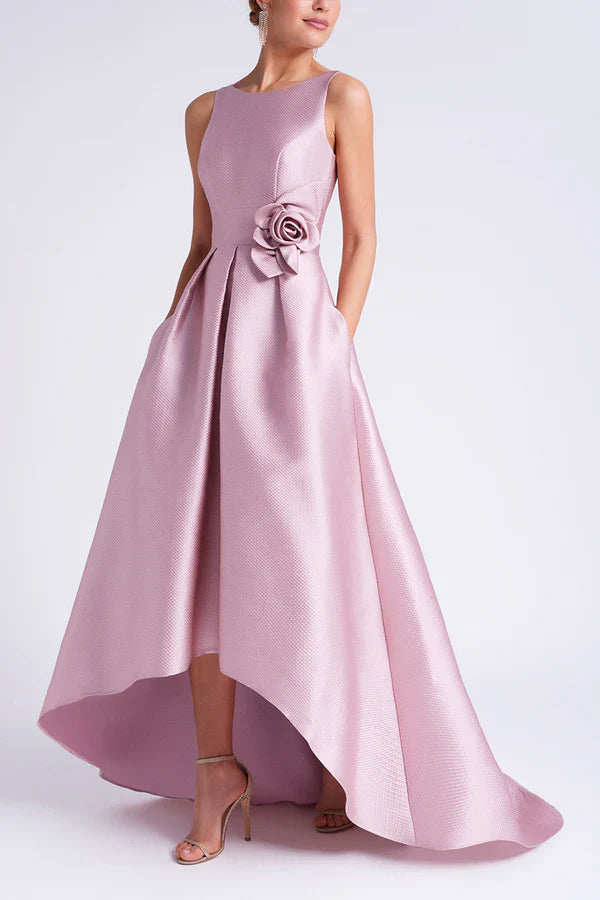 Satin A-shaped circular sleeveless floral pocket height mother of the bride dresses