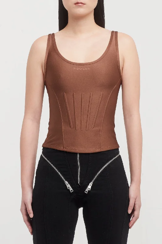Mugler Shiny Lycra Corseted Tank Top in Cinnamon peekaboo tank top