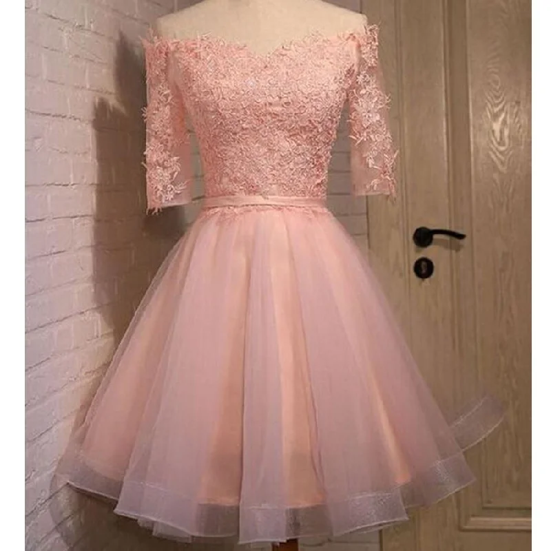 pink lace off shoulder with half sleeve cute freshman graduation homecoming prom dress,BD00125 pink lace off shoulder with half sleeve cute freshman graduation homecoming prom dress,BD00125