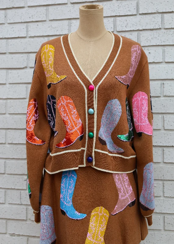 BROWN MULTI COWBOY BOOT KNIT CARDIGAN & SKIRT SET Spandex Rayon Corduroy