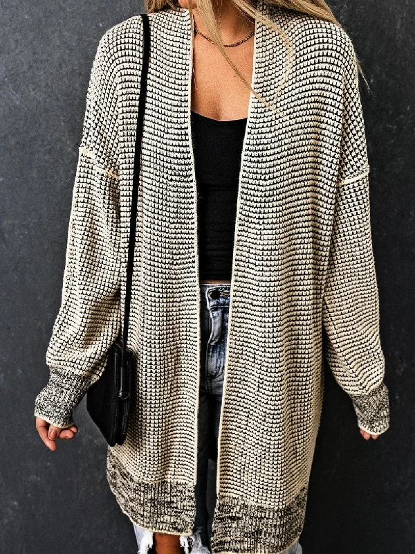 Apricot Checkered Knit Longline Open Front Cardigan Patchwork Embroidered Appliqued