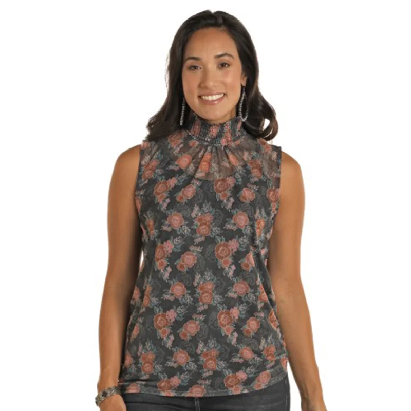Panhandle Women's Black Mesh Rose Smock Tank soft tank top