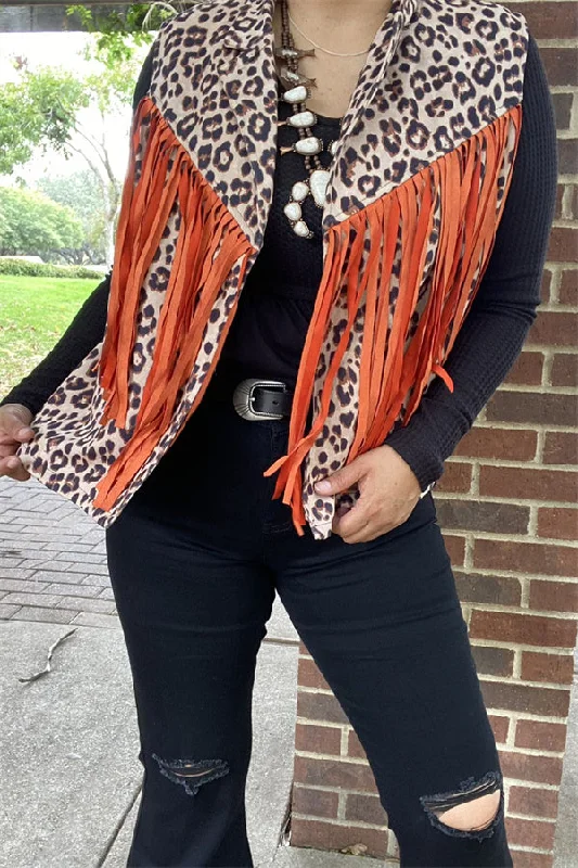 BQ13932 Leopard printed orange long tassel/fringe women vest/cardigan Satin Fabric Silk Fabric Chiffon Fabric