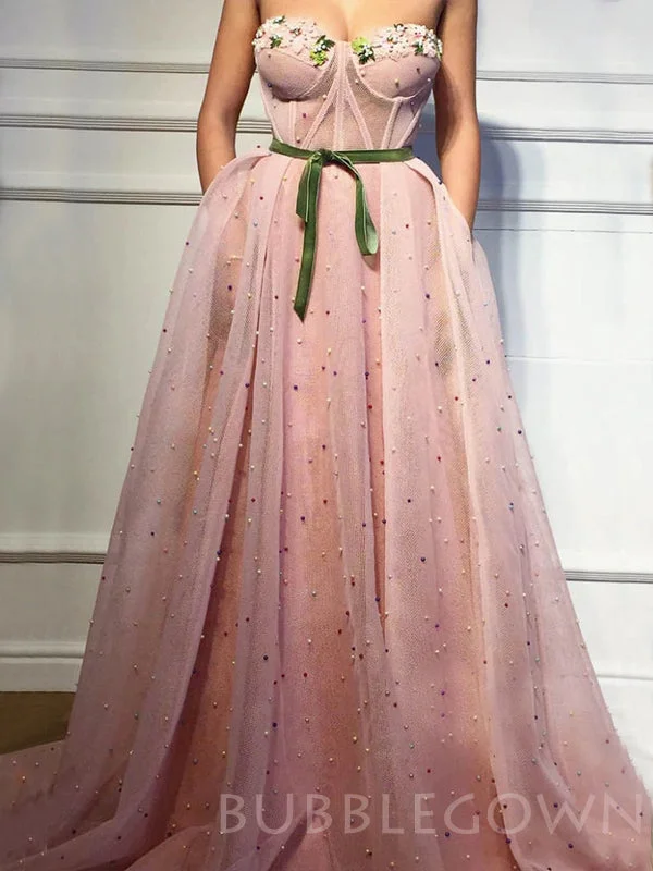 Pink Tulle A-line Appliques Long Straps Evening Prom Dresses, Cheap Custom Prom Dresses, MR7933 Pink Tulle A-line Appliques Long Straps Evening Prom Dresses, Cheap Custom Prom Dresses, MR7933