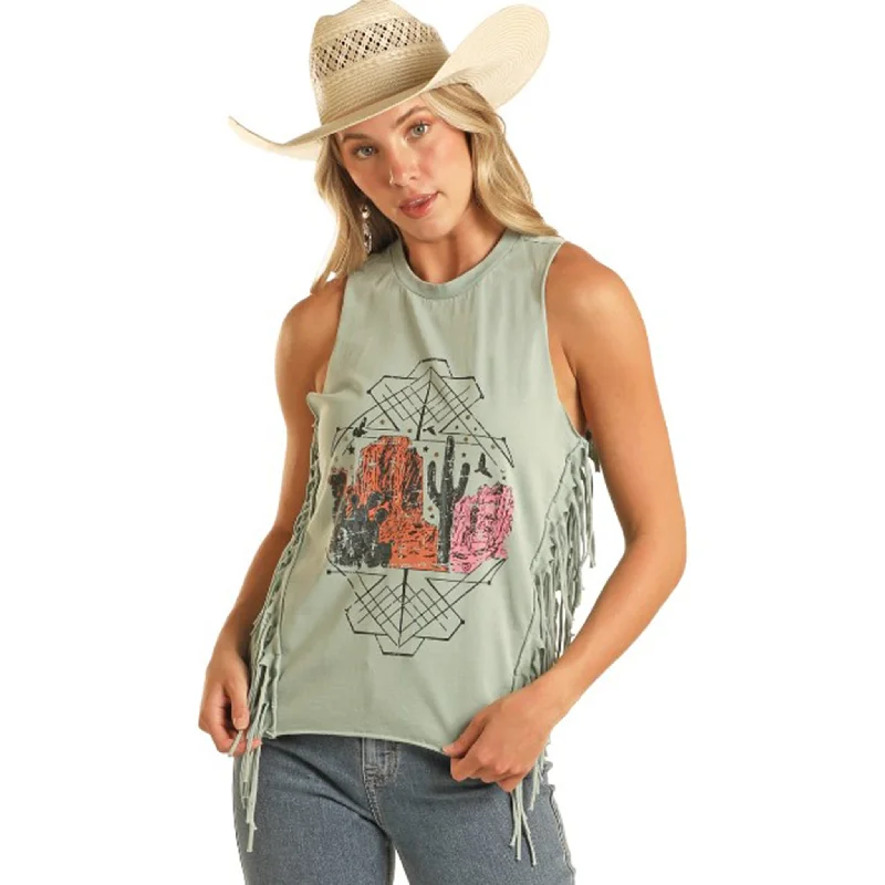 Rock & Roll Women's Desert Jade Fringe Tank lace back tank
