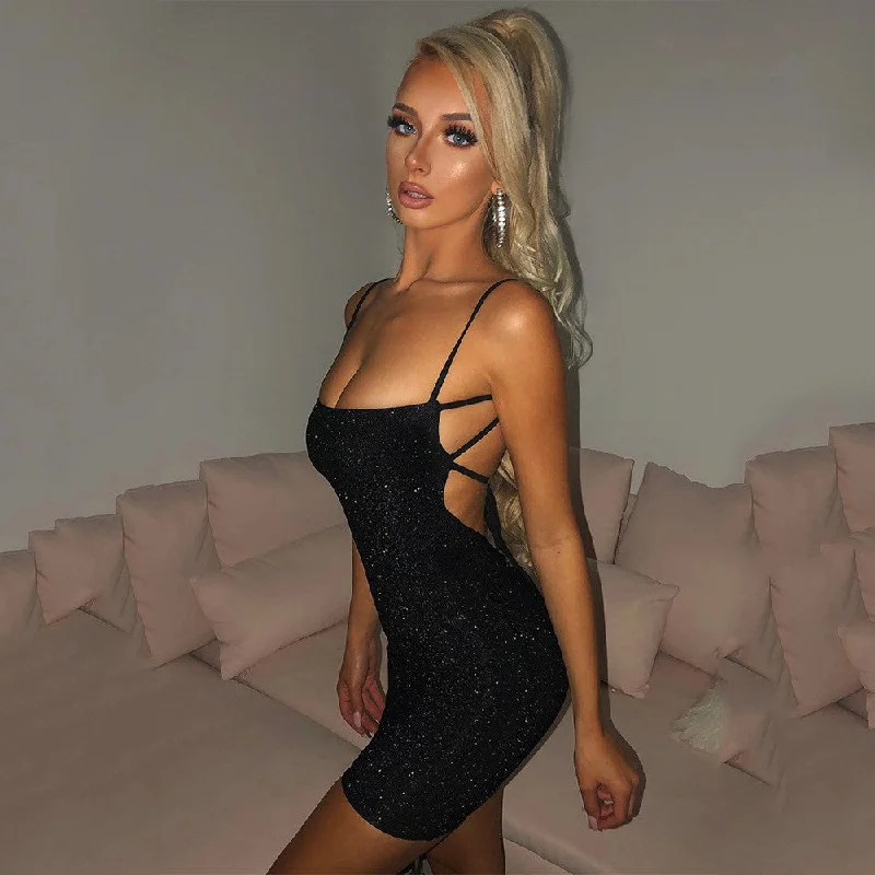 Summer Solid Color Shiner Sexy Suspenders Nightclub Backless Hip Dress Gold Silk Women