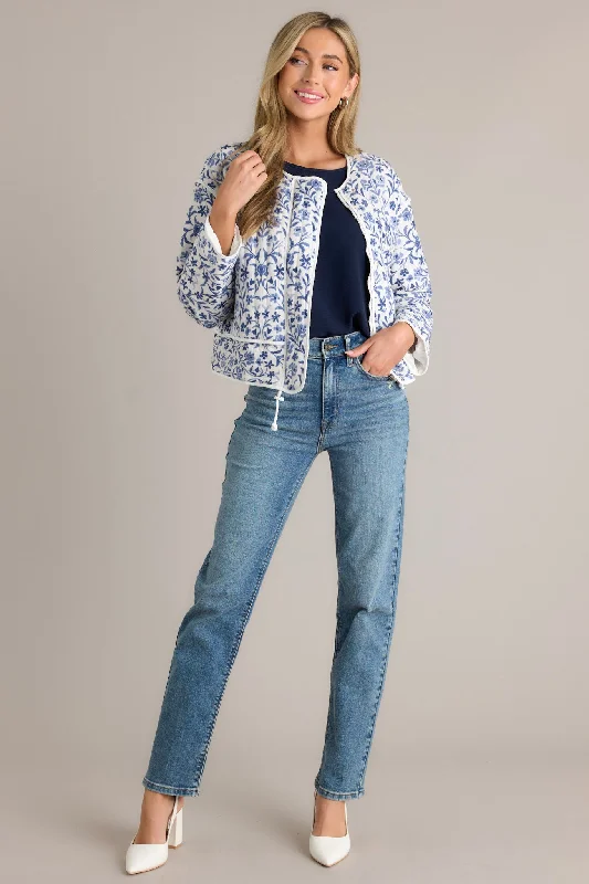 Simple Nights 100% Cotton Blue Floral Quilted Jacket Welt Pockets Slit Pockets Flap Pockets Simple Nights 100% Cotton Blue Floral Quilted Jacket Welt Pockets Slit Pockets Flap Pockets