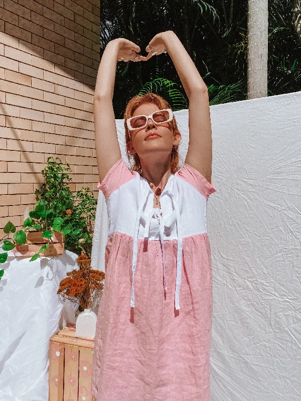Lara Tie Dress - White and Bubblegum Linen