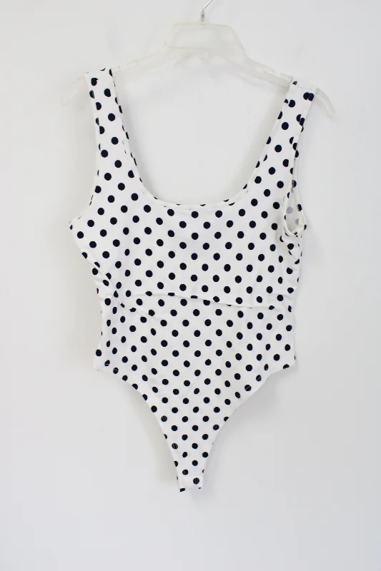 NEW Teenbell White Navy Blue Polka Dotted Bodysuit Tank | XL sheer tank top
