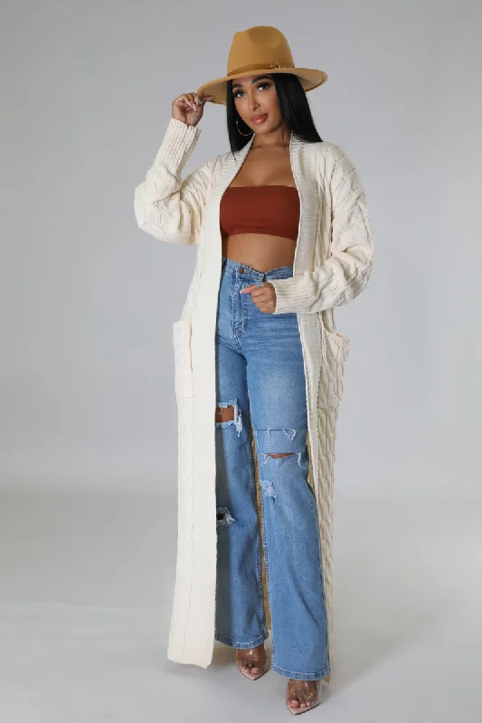 C9618P-Cable Knit Long Cardigan Satin Blend Silk Blend Wool Blend