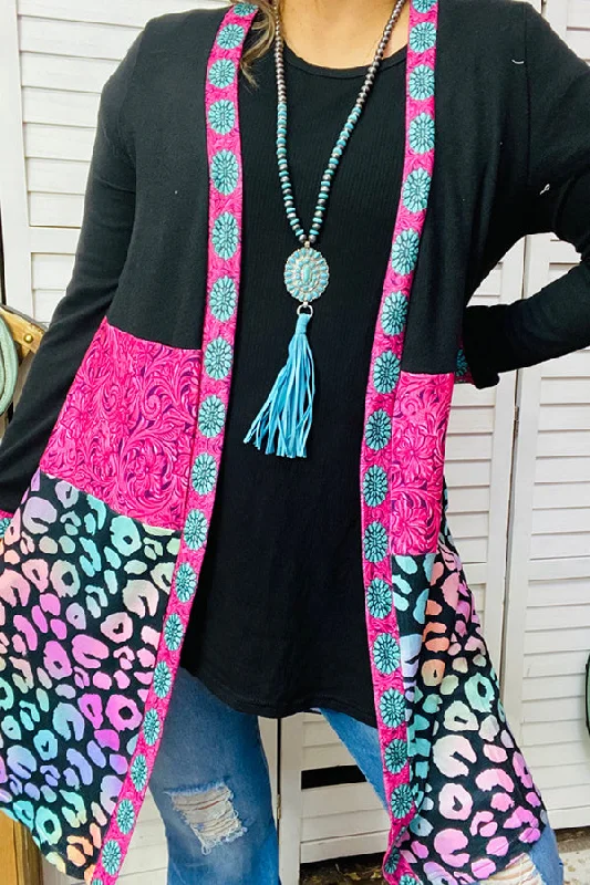 BQ14456 Black & Paisley printed & Leopard long sleeve cardigan Front Pockets Side Pockets Patch Pockets