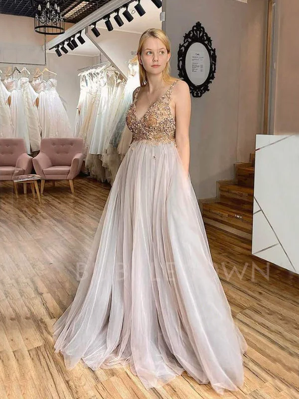 Deep V Neck A-line Tulle Beaded Long Evening Prom Dresses, Cheap Custom Prom Dress, MR7490 Deep V Neck A-line Tulle Beaded Long Evening Prom Dresses, Cheap Custom Prom Dress, MR7490