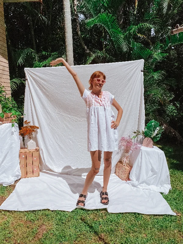 Lara Tie Dress - White Linen and Pink Checks