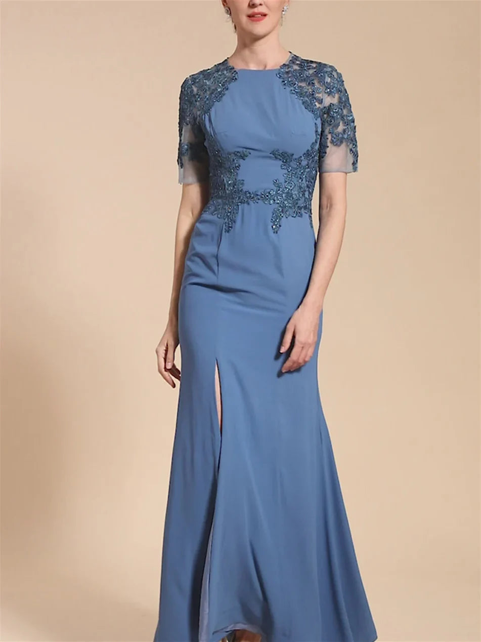 Speaker/fishtail short sleeved and ankle slit mother of the bride dresses