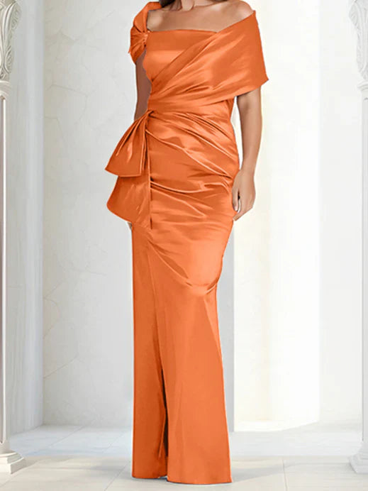 Tight fitting/column off shoulder to ground length, mother of the bride dresses