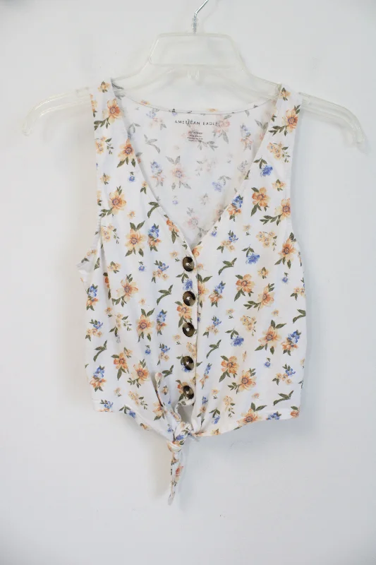 American Eagle Orange & Blue Floral Tied Cropped Tank | XS rhinestone tank top
