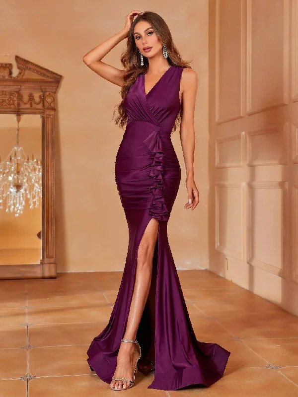 Ruffle Trim Split Thigh Formal Dress Evening Dress Bridesmaids Dress