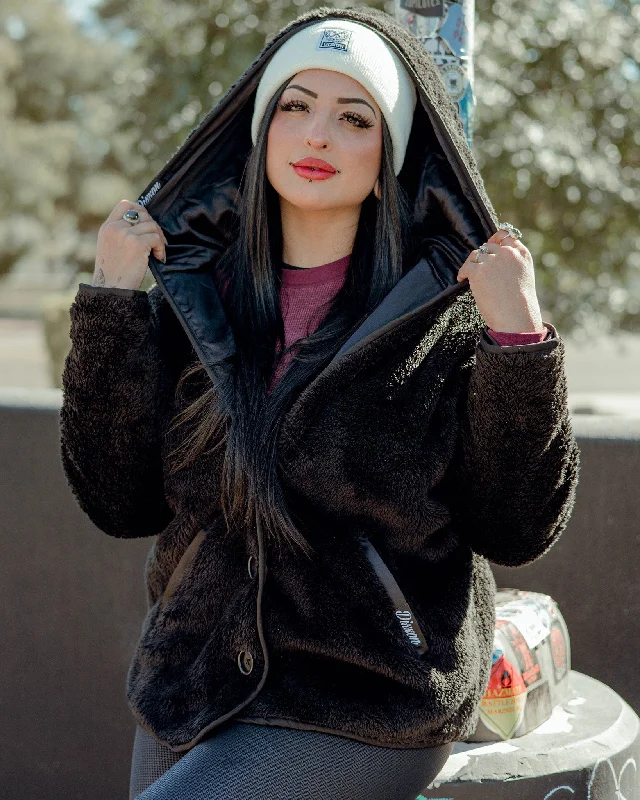 Women's Sherpa Cardigan - Black Patchwork Embroidered Appliqued