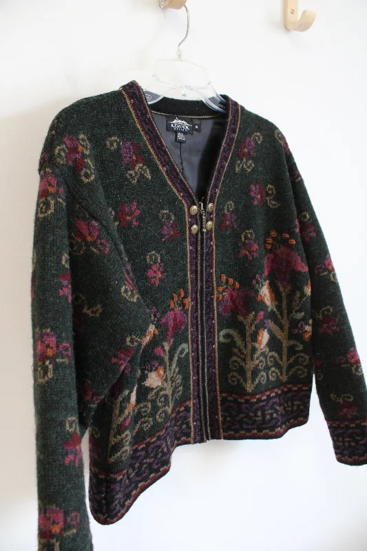 Icelandic Design Green Floral Wool Zip Up Jacket | M Toggled Jacket Drawstring Jacket Belted Jacket Icelandic Design Green Floral Wool Zip Up Jacket | M Toggled Jacket Drawstring Jacket Belted Jacket