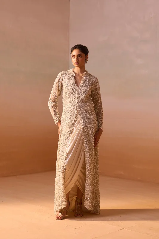 IVORY NET JACKET SKIRT SET Welt Pockets Slit Pockets Flap Pockets