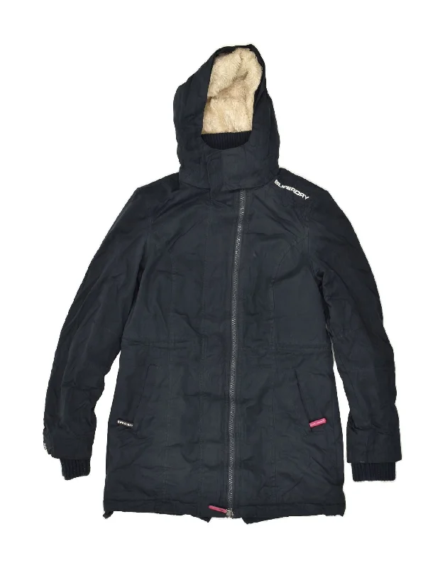 SUPERDRY Womens Sherpa Hooded Windbreaker Coat UK 14 Medium Navy Blue