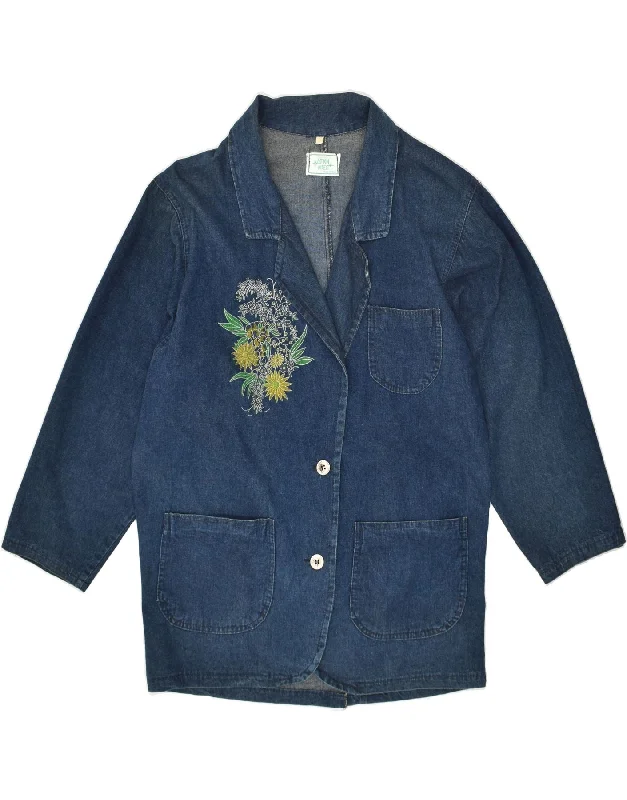 VINTAGE Womens Oversized Denim Coat IT 44 Medium Blue Floral