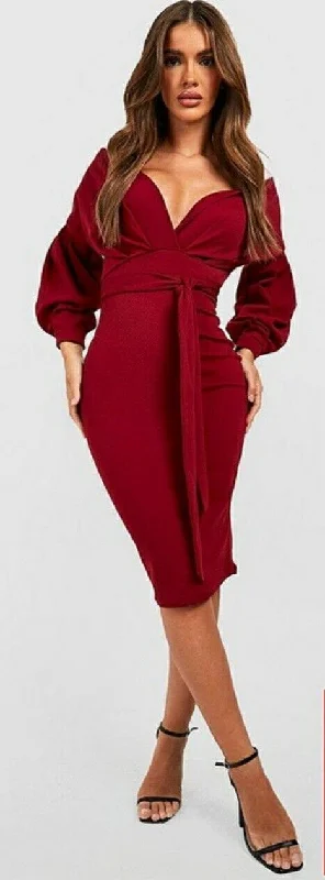 boohoo Off The Shoulder Wrap Midi Dress Berry Uk10****Ref V533