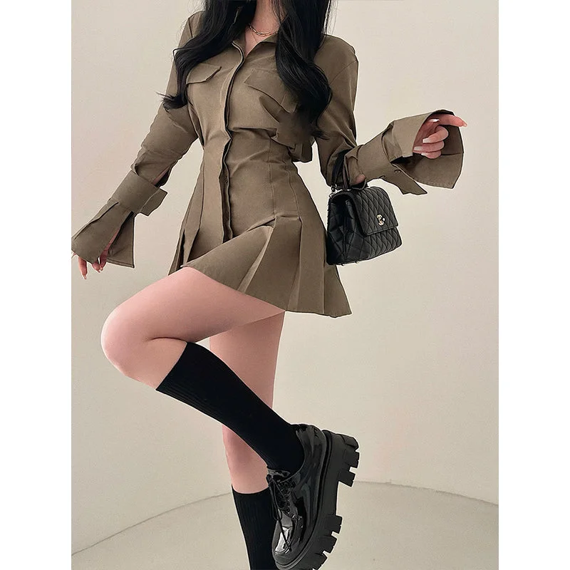 Chelly Solid Color Slim Long Sleeves Shirt Pleated Button Up Waist Short Mini Dress