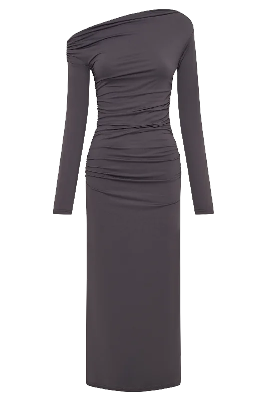 Christabel Recycled Nylon Ruched Midi Dress - Charcoal