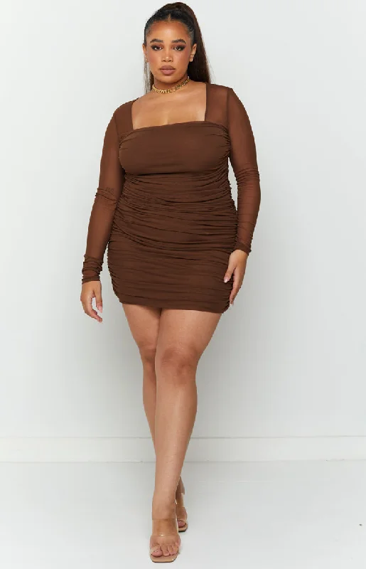 Estee Long Sleeve Mesh Party Dress Brown