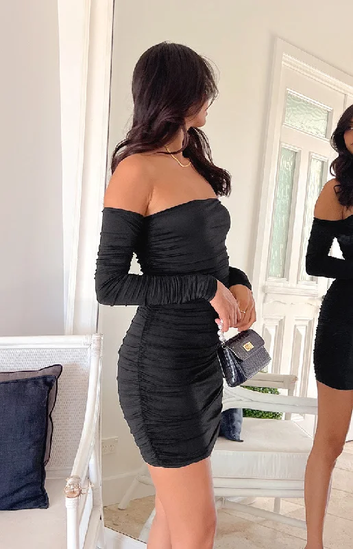 Evie Black Long Sleeve Off Shoulder Mini Dress