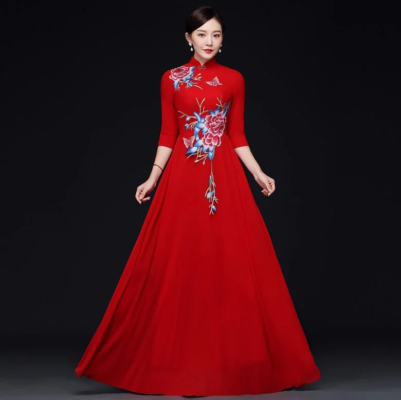 Floral Embroidery Half Sleeve Cheongsam Top Chinese Prom Dress