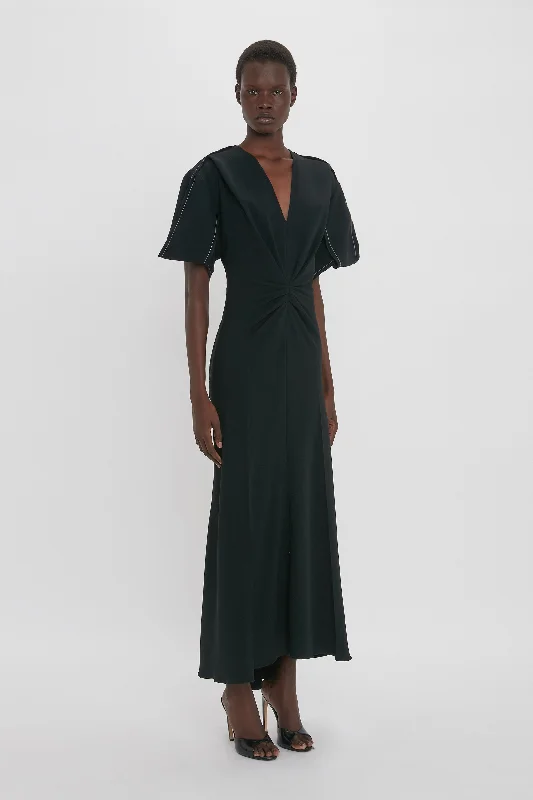 Gathered V-Neck Midi Dress in Black