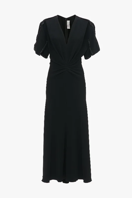 Gathered V-Neck Midi Dress in Black