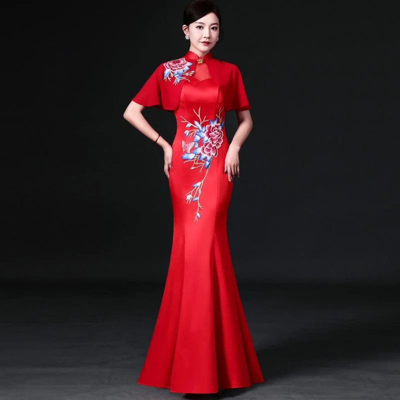 Illusion Neck Floral Embroidery Mermaid Chinese Prom Dress with Cape