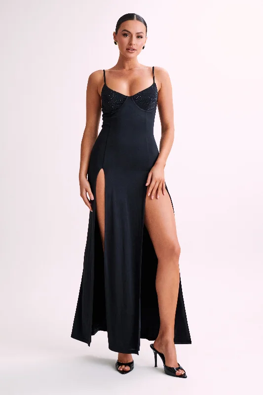 Jojo Jersey Split Maxi Dress With Diamante - Black