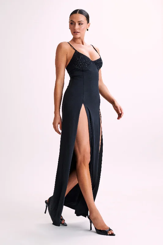 Jojo Jersey Split Maxi Dress With Diamante - Black