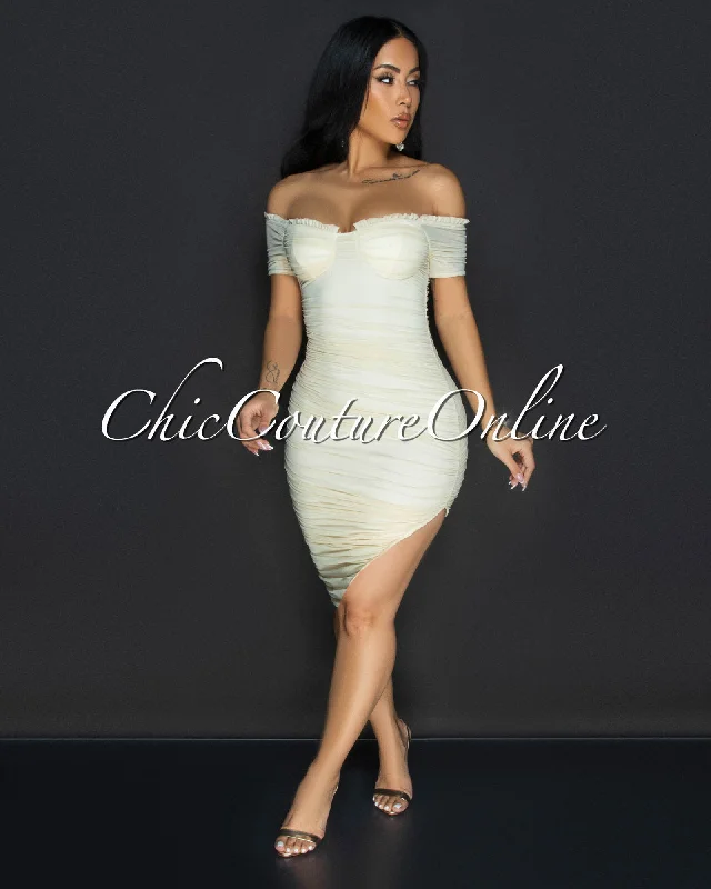 Linna Cream Ruched Off-The Shoulder Dress