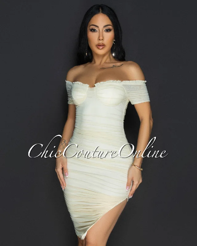 Linna Cream Ruched Off-The Shoulder Dress