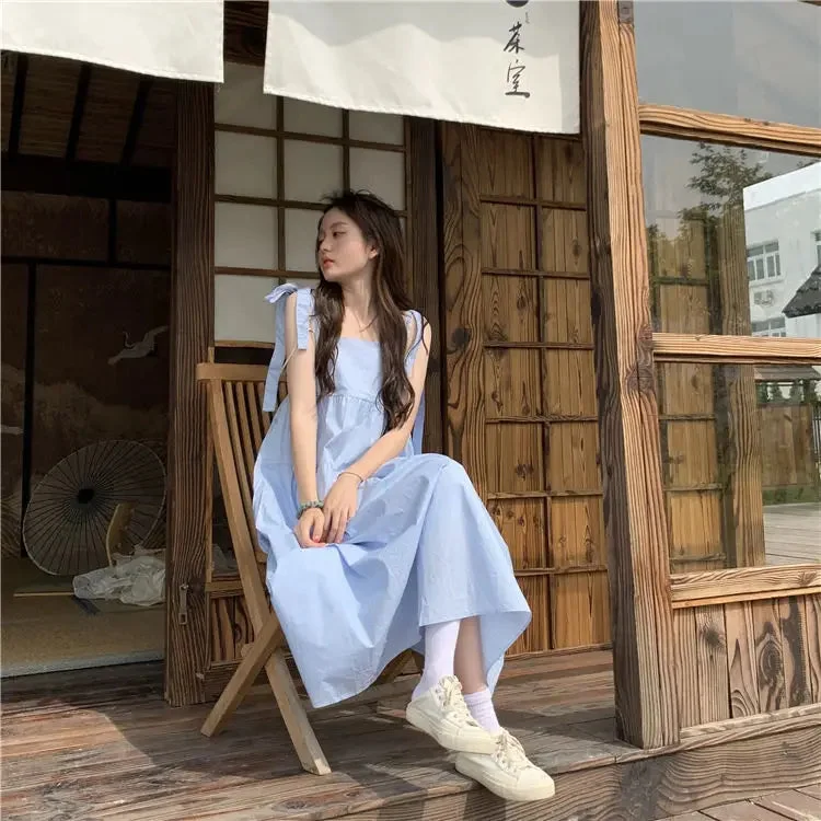 Lunivop Japanese Style Y2k Blue Slip Dress Women Fairycore Summer Vacation Dresses Cute Sweet Lace Up Sleeveless Loose Vestidos