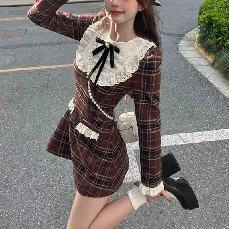 Lunivop Korean Preppy Style Mini Plaid Dress Women Vintage One Piece Dresses Y2k Jk Uniform Long Sleeve Tunic Princess Vestidos