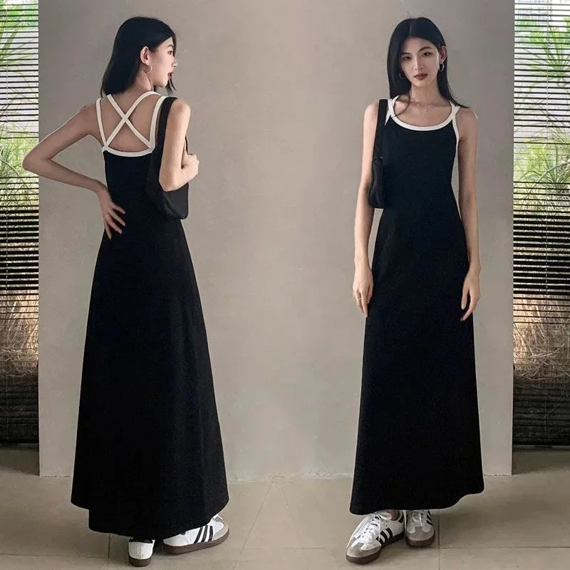 Lunivop Korean Style Long One Piece Dress Women Harajuku Summer Resort Dresses Gyaru Backless Sleeveless Black Casual Vestidos