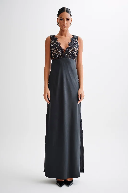 Ricci Satin And Lace Maxi Dress - Black