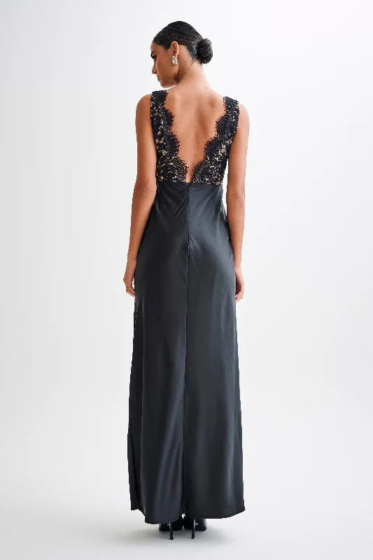 Ricci Satin And Lace Maxi Dress - Black