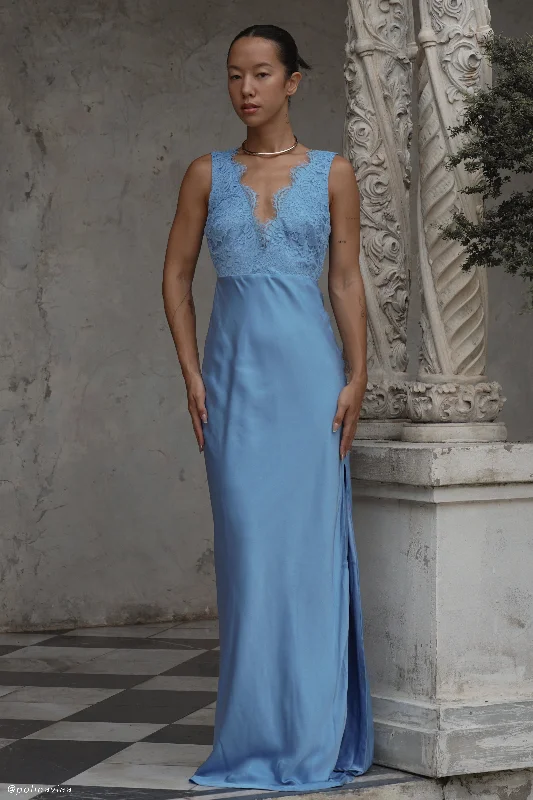 Ricci Satin And Lace Maxi Dress - Iris Blue