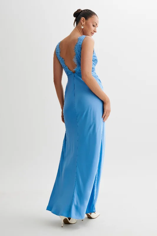 Ricci Satin And Lace Maxi Dress - Iris Blue