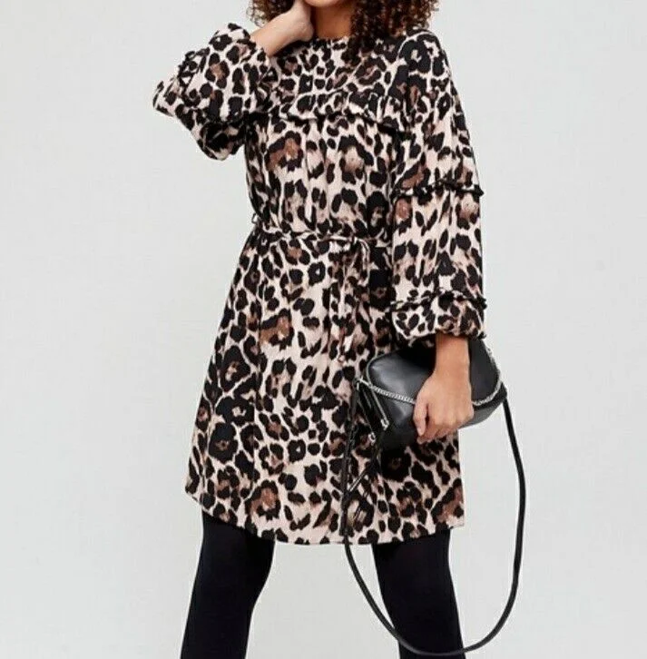 Ruffle detail Animal Print Dress Long Sleeve UK 16 ****Ref V225