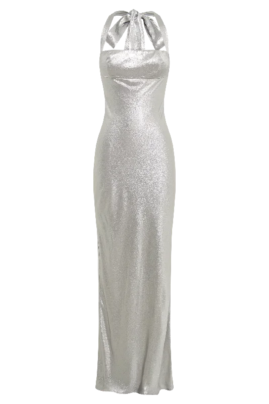 Sabra Satin Halter Maxi Dress - Silver