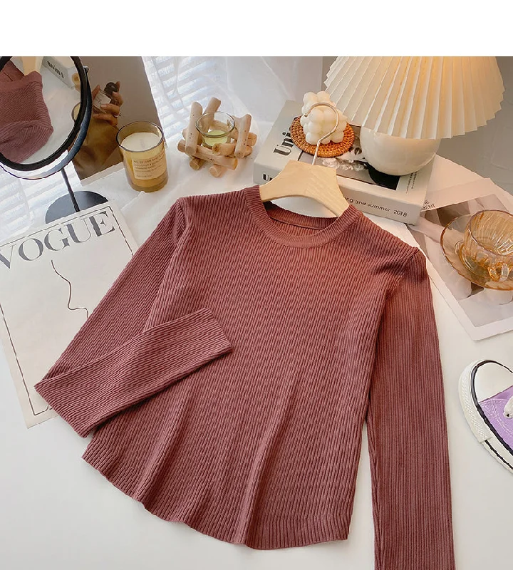 Knit bottomed shirt slim fit short versatile casual long sleeve top  6619