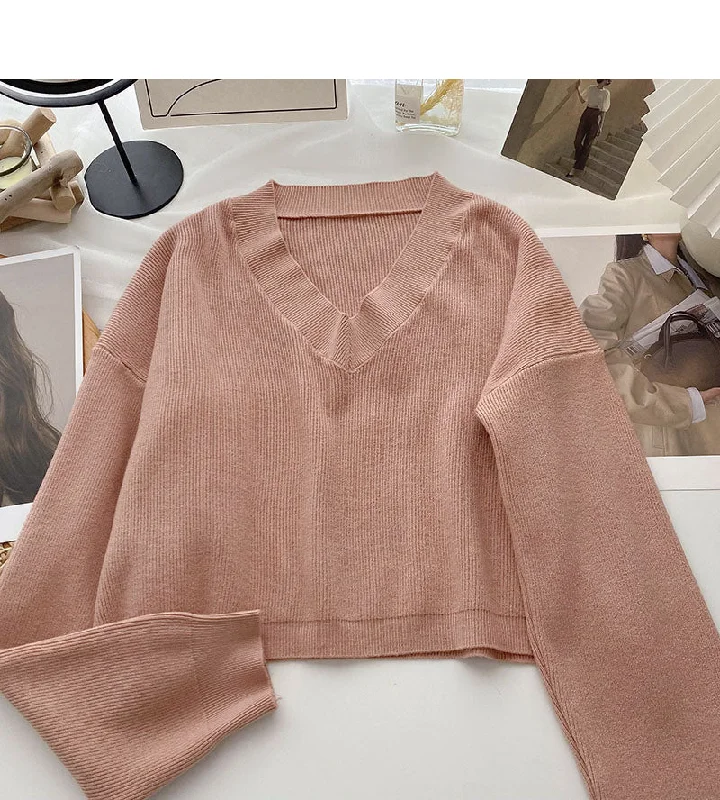 Lazy knit sweater solid V-neck Pullover Top  6677